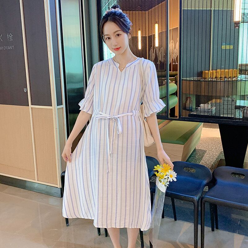 【新作】【送料無料】 マタニティウェア2020夏の新しいファッションストライプウエストVネックドレスミドル丈ファッションマタニティドレス-アリババ サマー 夏物 expec267362381452