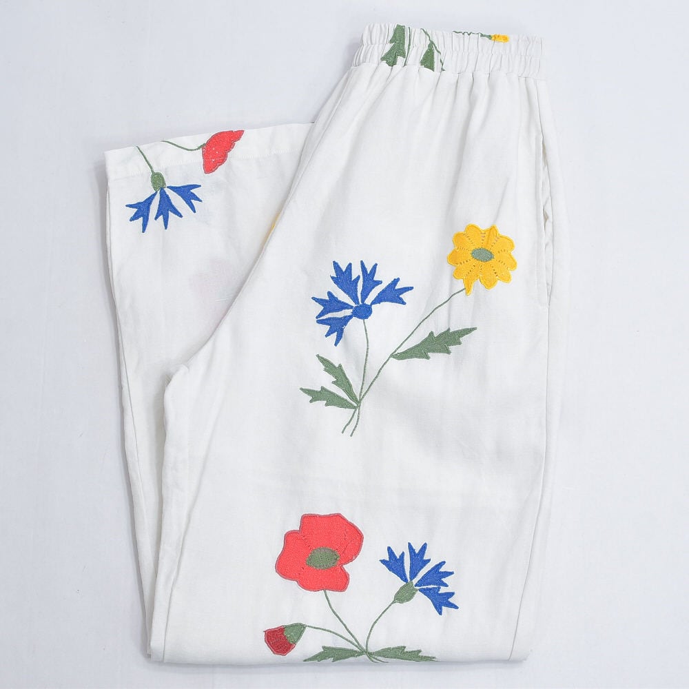 Remakeリメイク 再構築 パッチワーク&フラワー刺繍 デザイン ルーズシルエット リネン イージーパンツ ホワイト 古着 裏地付き レディースW66~92cm
