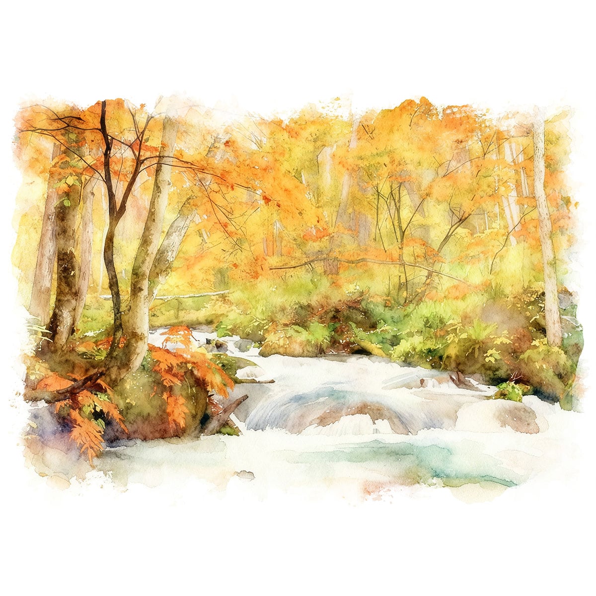 絵画(風景画) 日本 秋の奥入瀬渓流 インテリアアート額付き 水彩画・油絵風 WAT0941