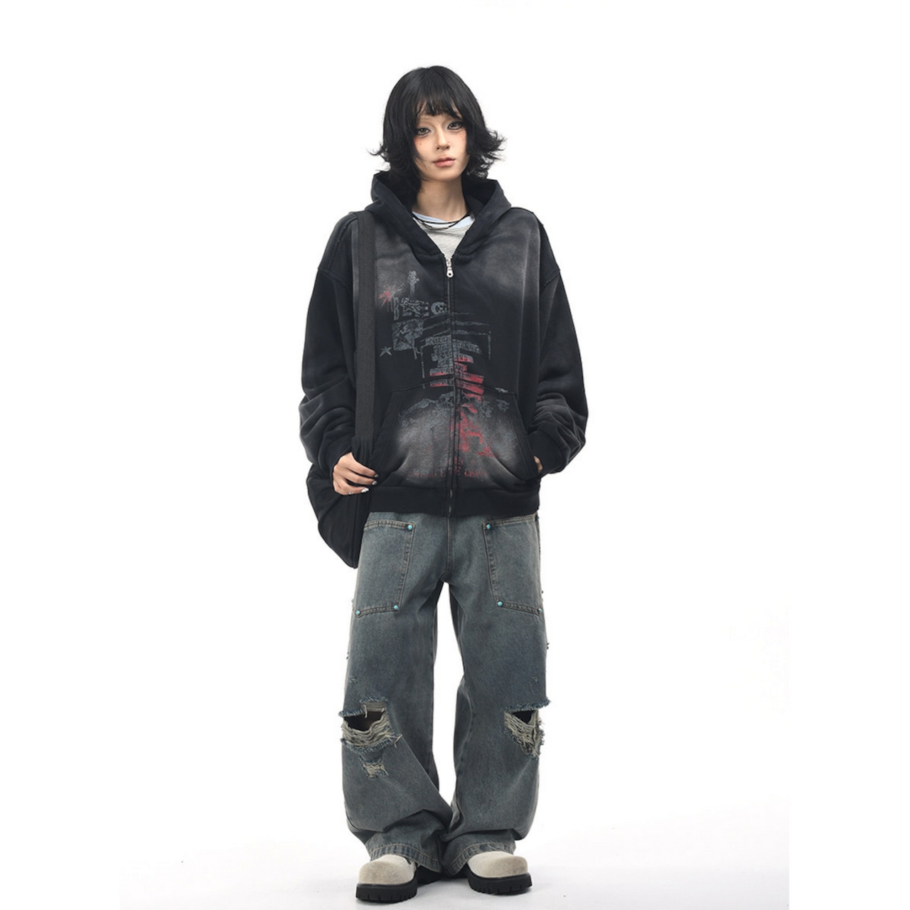 VINTAGE ストリート スプレー加工 ジップパーカー T1992