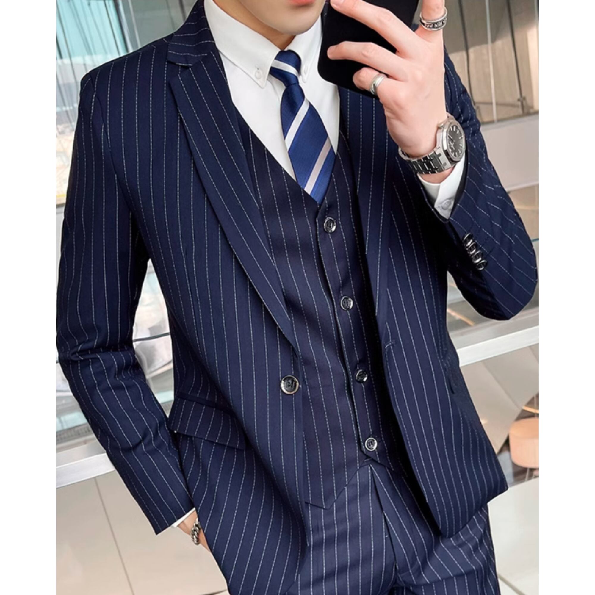 新品 NEW YORKER スーツ セットアップ ストライプ 春夏向け ネイビー 新品NEW YORKER スーツセットアップストライプ春夏向けネイビー