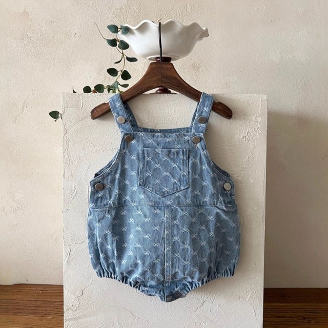 【66-90】夏新作リボン刺繍サロペット ロンパース S0361