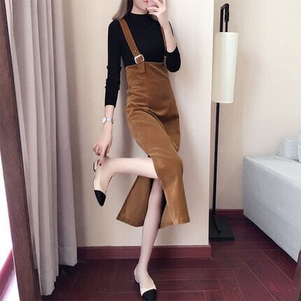 コーデュロイスカート サスペンダー付き スカート ボトムス タイト