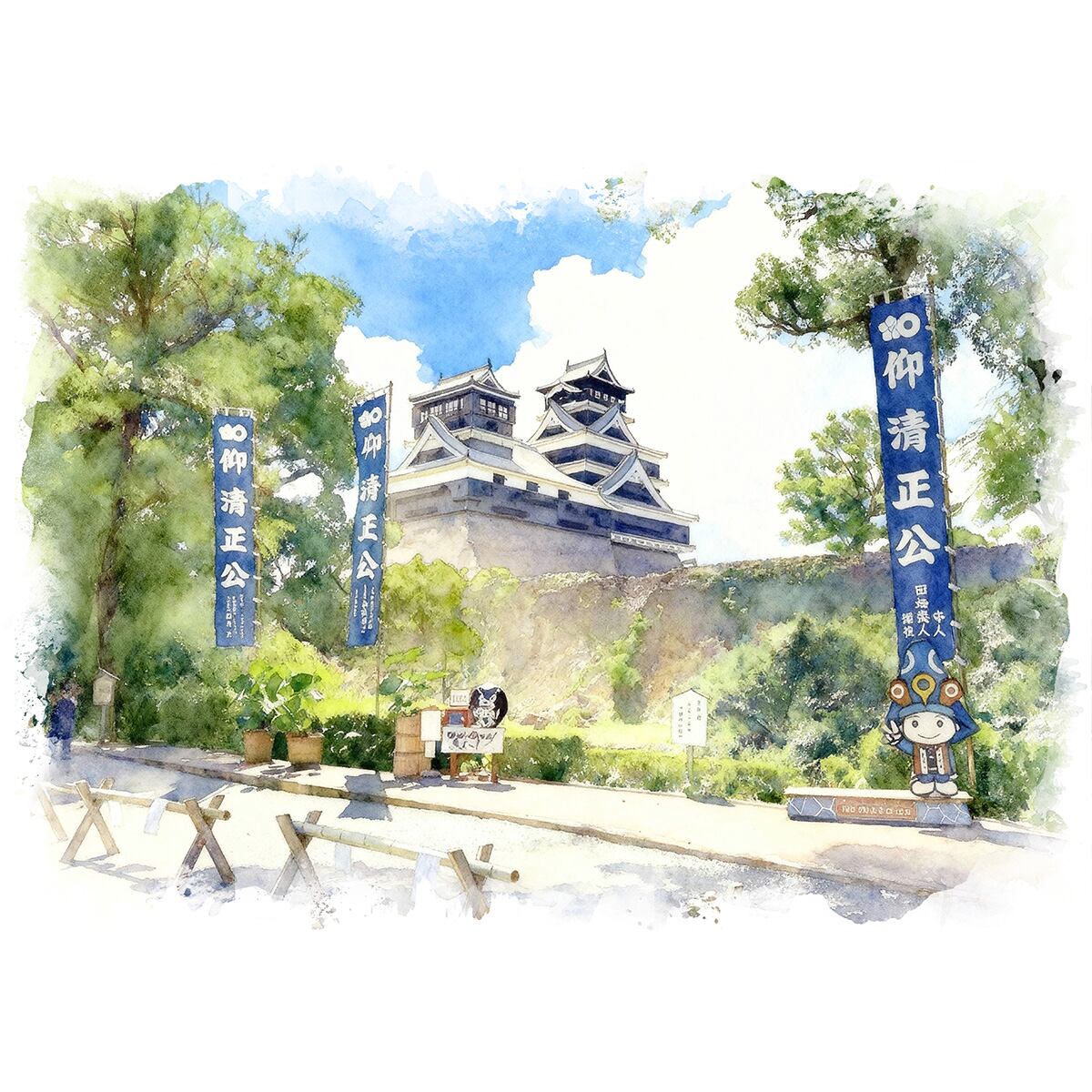 絵画 風景画 日本の城 熊本県熊本城 インテリアアート額付き 水彩画
