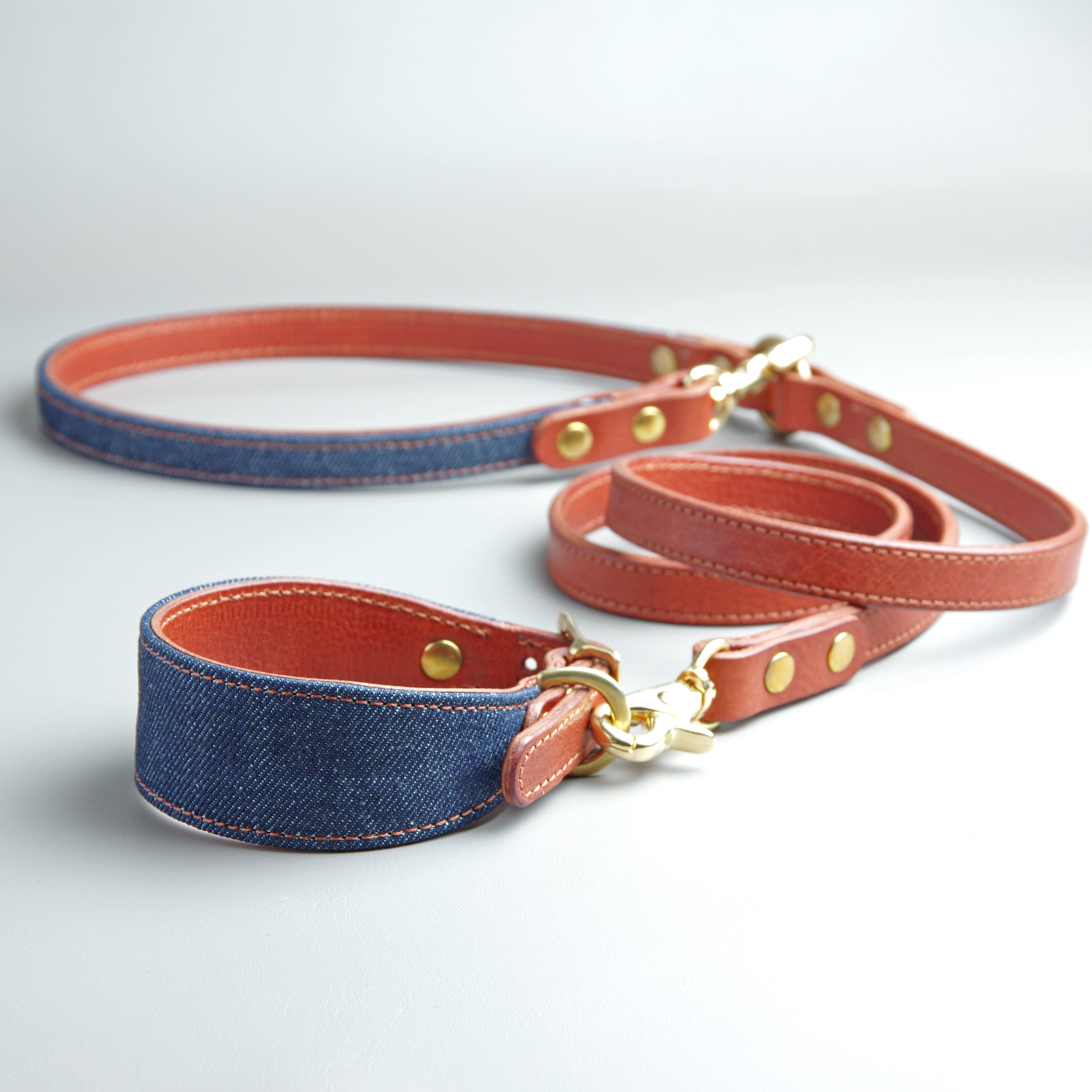 デニム×イタリアンレザーのカフェリード | 革と真鍮 犬の首輪の専門店