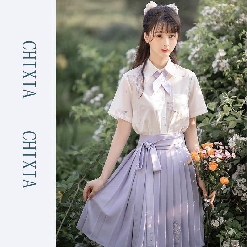 【池夏シリーズ】★チャイナ風セットアップ★ シャツ+巻きスカート 改良漢服 花柄 上下セット オリジナル プリーツスカート | elegant powered by BASE
