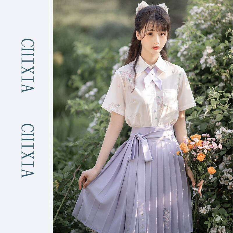 池夏シリーズ チャイナ風セットアップ シャツ 巻きスカート 改良漢服 花柄 上下セット オリジナル プリーツスカート Elegant