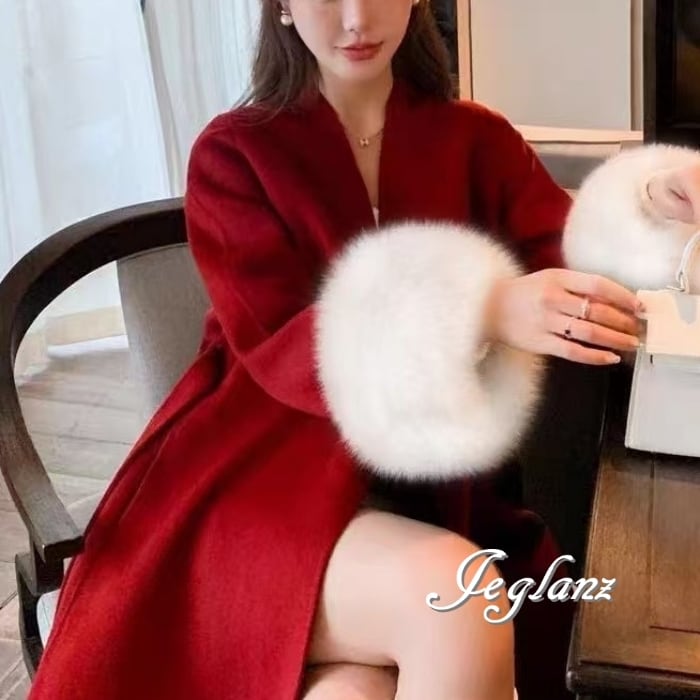 ロング丈 ニット コート 襟付き ボリュームファー 共ベルト ファンシー 6色(MB132)τ