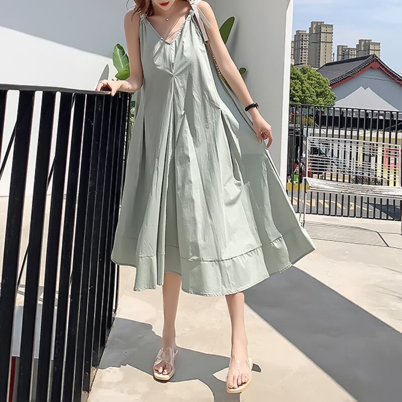 ワンピース すね丈 綿混 グリーン ブルー ブラック ノースリーブ Vネック 涼しい 妊娠 着心地抜群 S M L Ll Dresszone