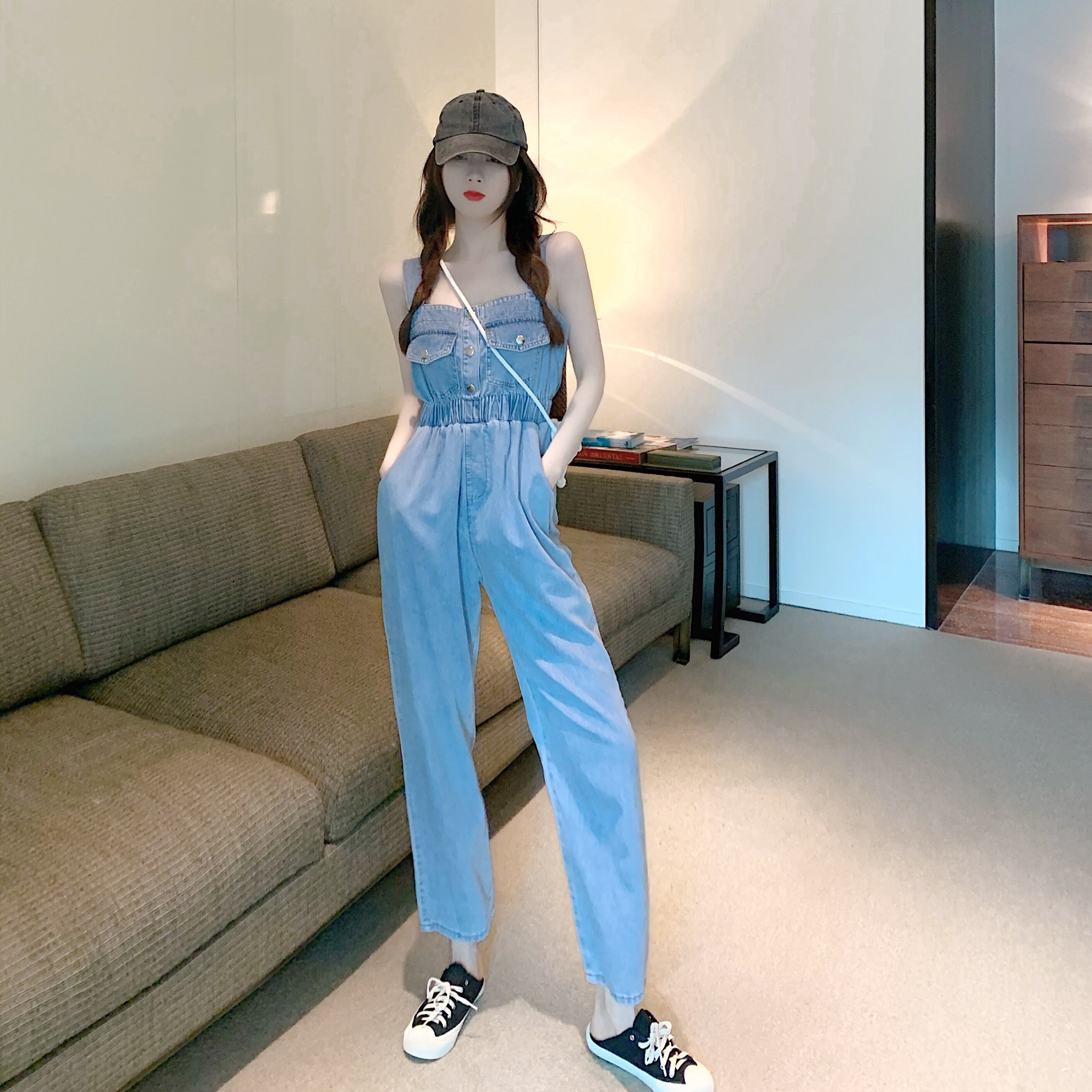 スタンダードハイウェストウェストジーンズ レディースサマールーズ薄手ジャンプスーツ オールインワン ワイドレッグカジュアルパンツ レトロ 夏物 ワイドパンツ ハンチェンe30977236947