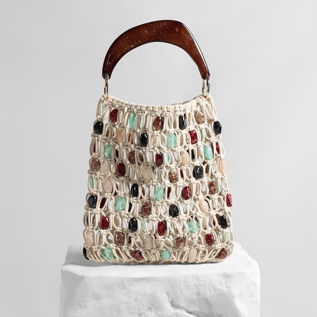 beaded woven and wooden handle bag<b3149>
