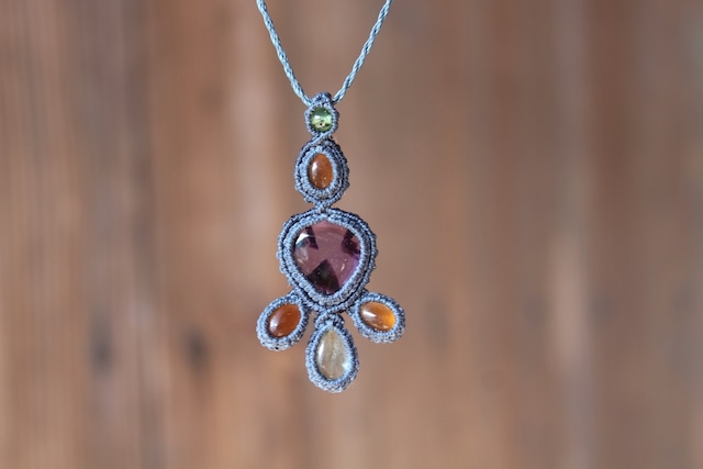 Trapiche amethyst Peridot  Hessonite garnet micro macrame pendant