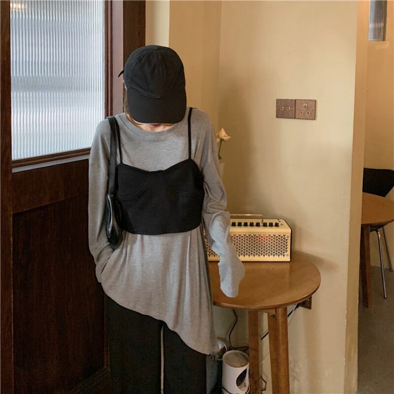 Tシャツ シャツ ルーズロングトップス レディーススプリンググレー 春物 ブラックストロベリース70251029609