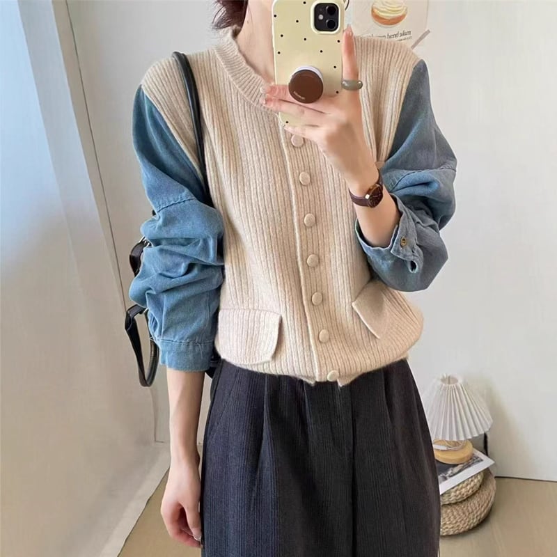 【outer】デニムドッキングニットカーディガン Q7152