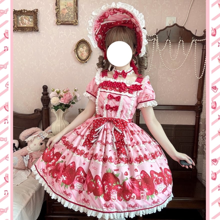 苺姫のティータイム 赤リボンいちご柄姫袖レースフリル甘ロリ