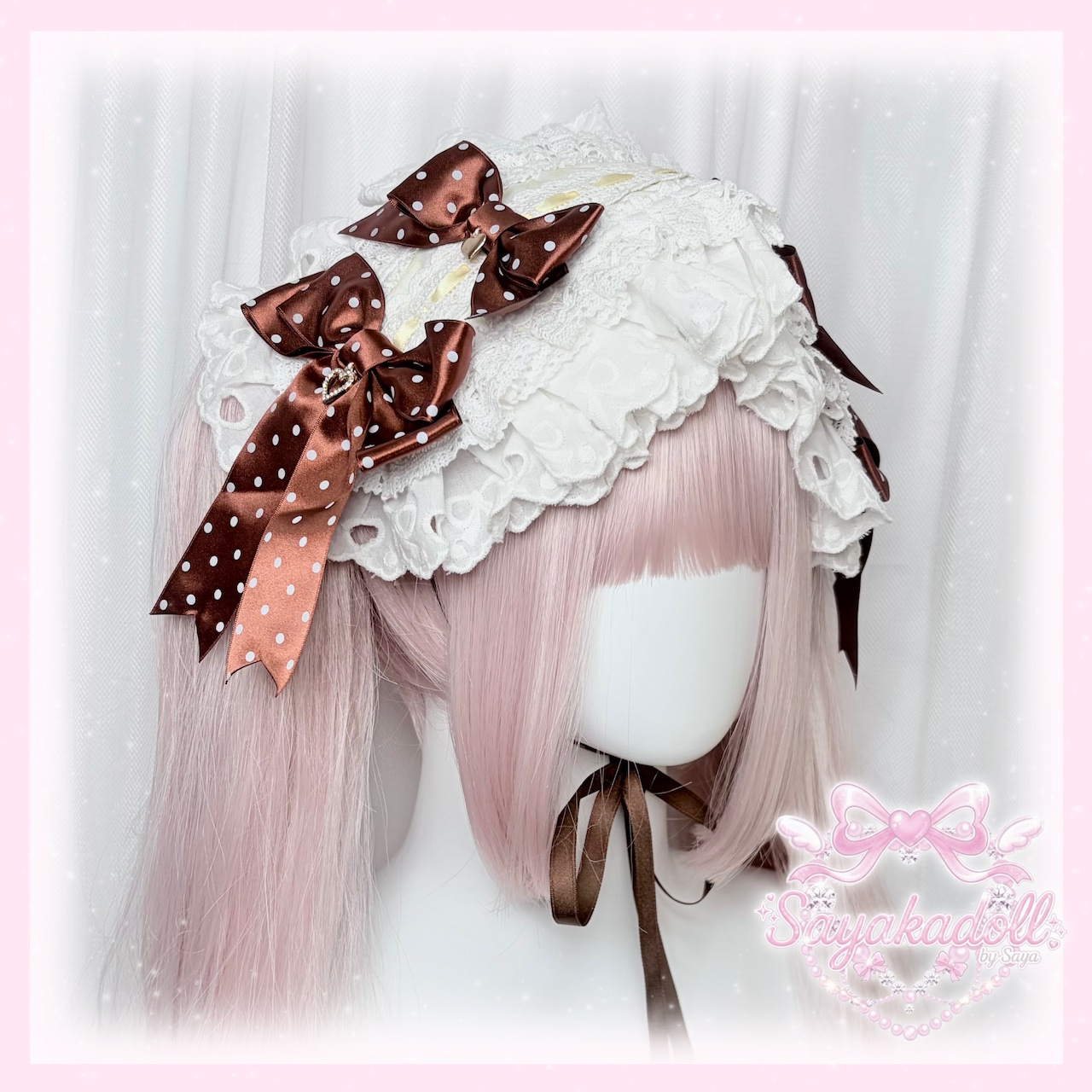 ♡【全5色】ドット柄サテンダブルリボン ボリューミーフリル ギンガムチェックヘッドドレス brown ♡