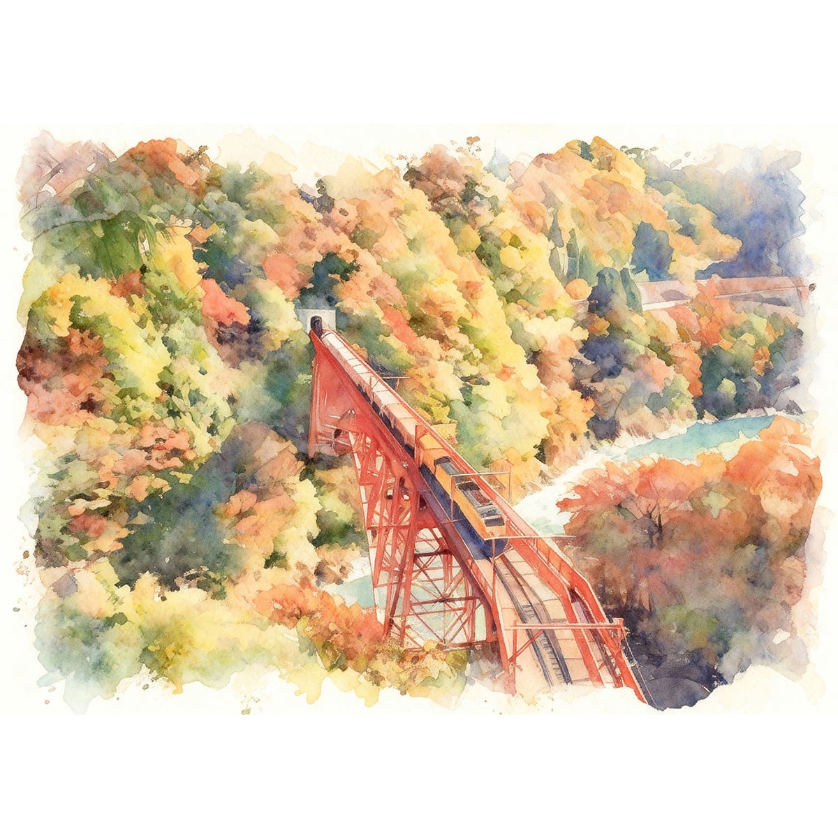 絵画 風景画 日本の 秋 富山県 紅葉の黒部峡谷鉄道 インテリアアート額付き 水彩画風 WAT1764