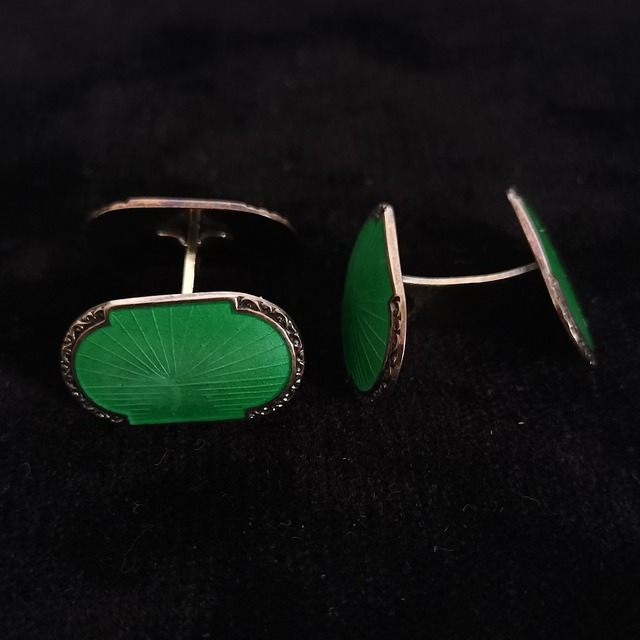 Vintage Norwegian Silver & Green Guilloché Cufflinks