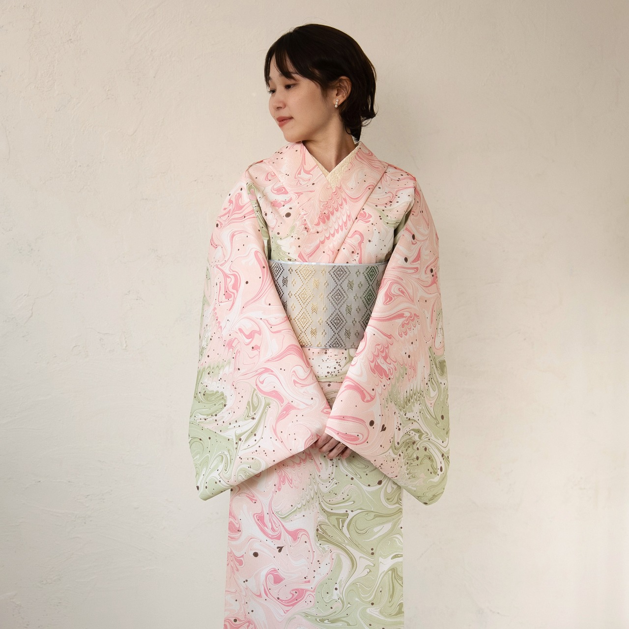 《ピスタージュ×ストロベリークリーム》❤︎マーブル柄〜洗えるきもの（シルジェリー）〜