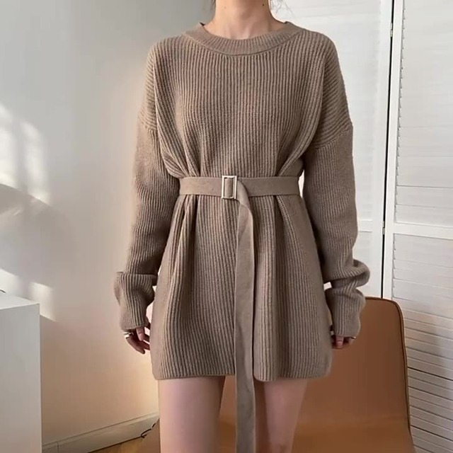 2023年新作セータードレス、女性用秋冬ミドル丈プルオーバー、厚手でゆったりとしたボトムニットスカート