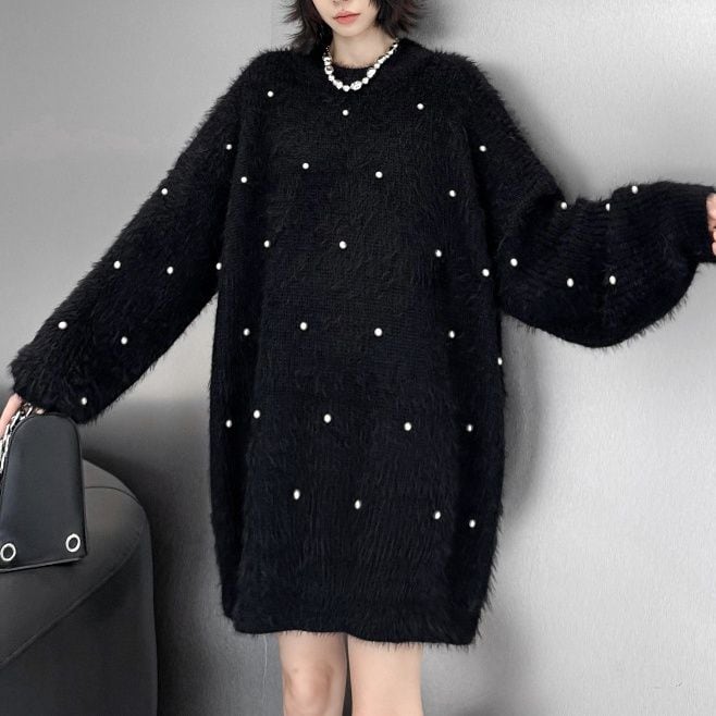 BLACK PEARL TRIMMED ROUND NECK MINI PULLOVER KNIT DRESS 1color M-15330