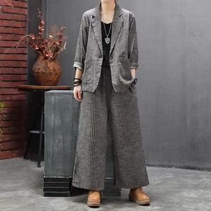 【Set-up】 Striped Single Button Blazer & Wide Leg Pants / ストライプ シングルボタン ブレザー & ワイドレッグ パンツ