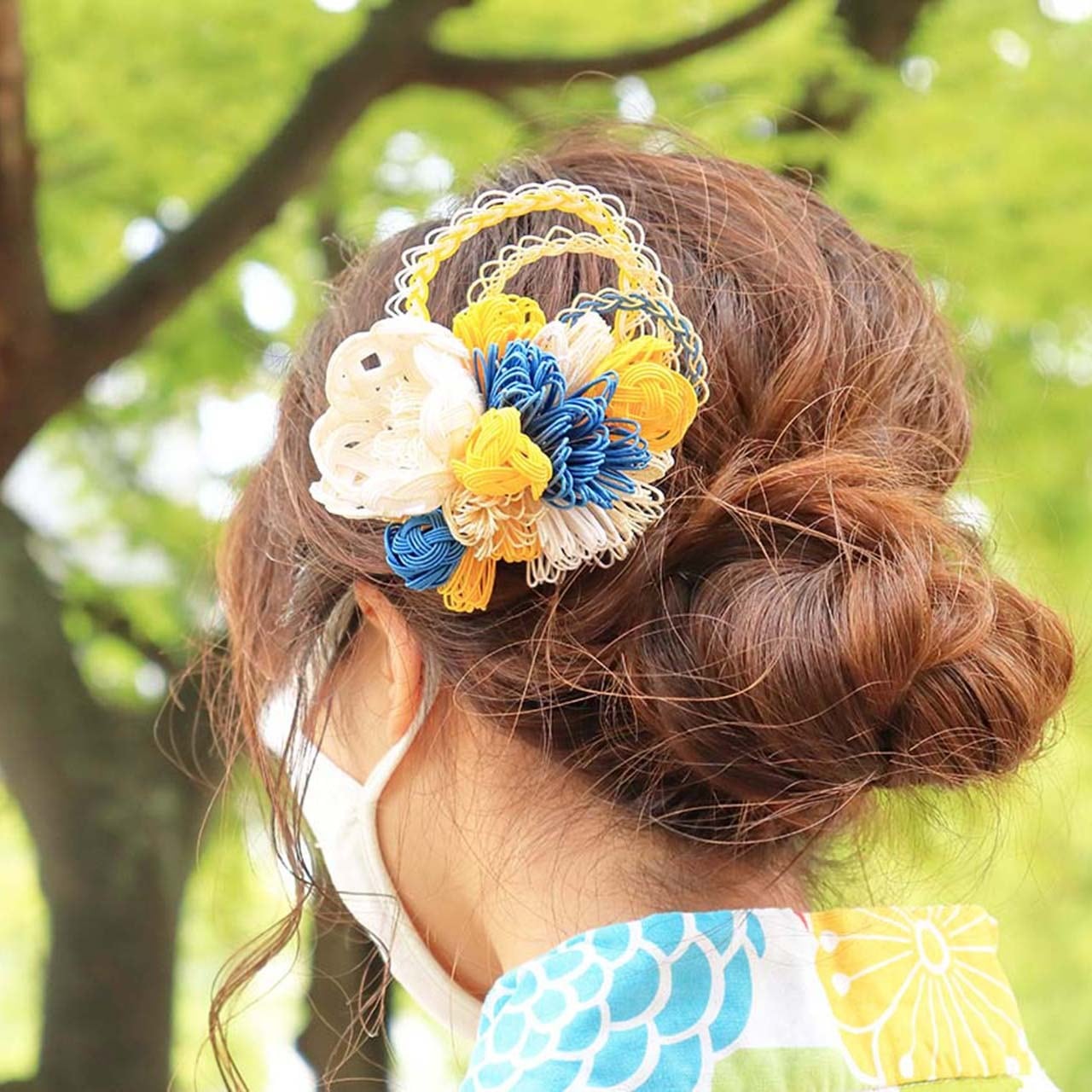 水引ヘアアクセサリー ブルー×イエロー お祭り 和装 お着物 お茶会