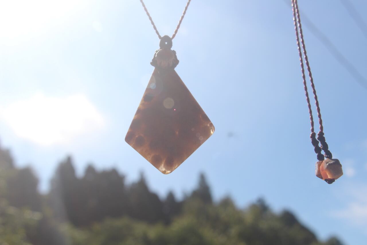 Fossil Coral & Sunstone micro macrame pendant