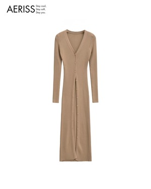 Vネックボタンリブニットワンピース 4color A0693