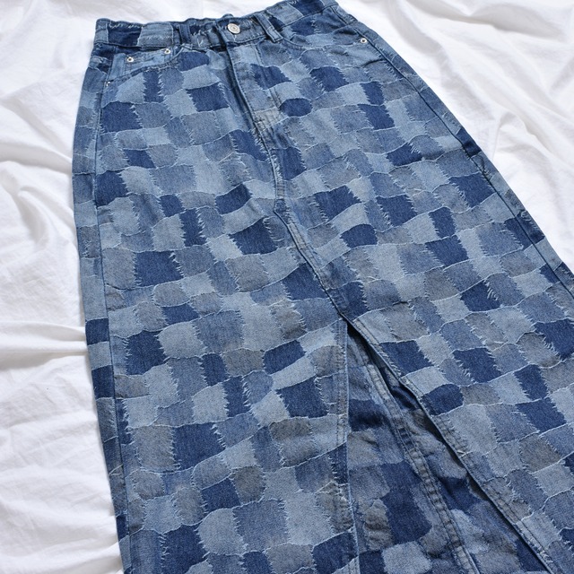 【50%OFF！】パッチワーク風 デニムロングスカート