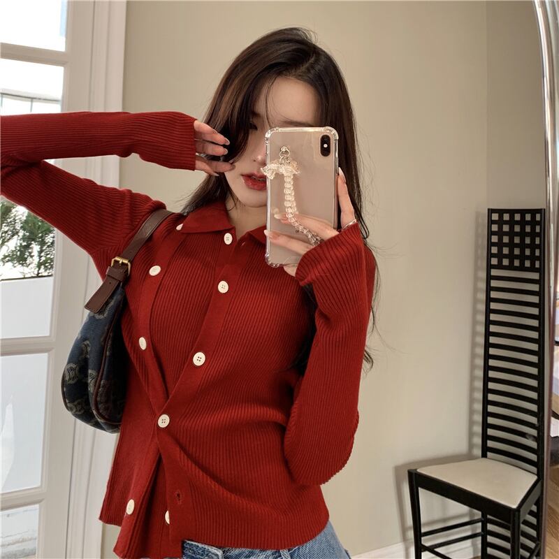 ニットオータムウィンターレッドトップス ロング カーディガン 秋物 冬物 ブラックストロベリース43929722454