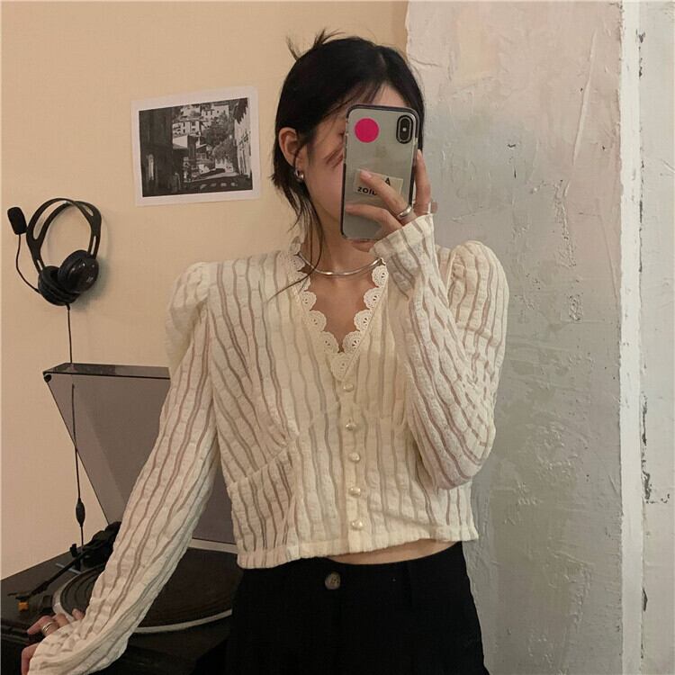 薄手Vネックレースシャツ サマーショートスリムトップス ロング 夏物 モンロー93854683556