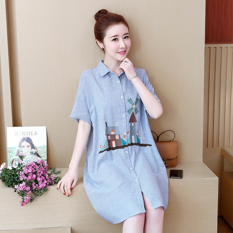 【新作】【送料無料】 マタニティドレス2019夏の新しい半袖プラスサイズのドレスファッションストライプラペルミドルレングスマタニティドレス-アリババ 大きめサイズ サマー 夏物 expec259731870829