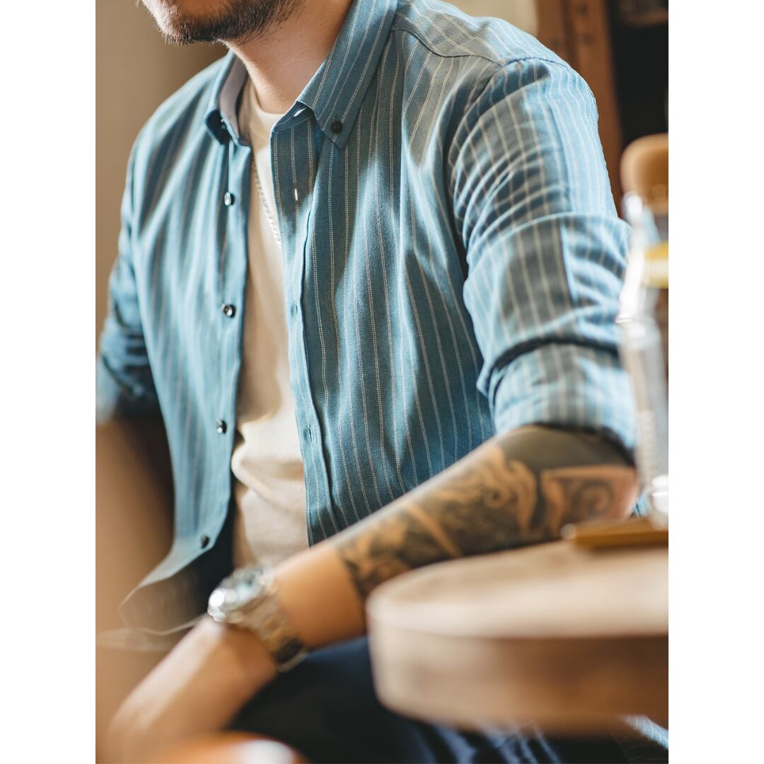 ストライプ七分袖ボタンシャツ A18797