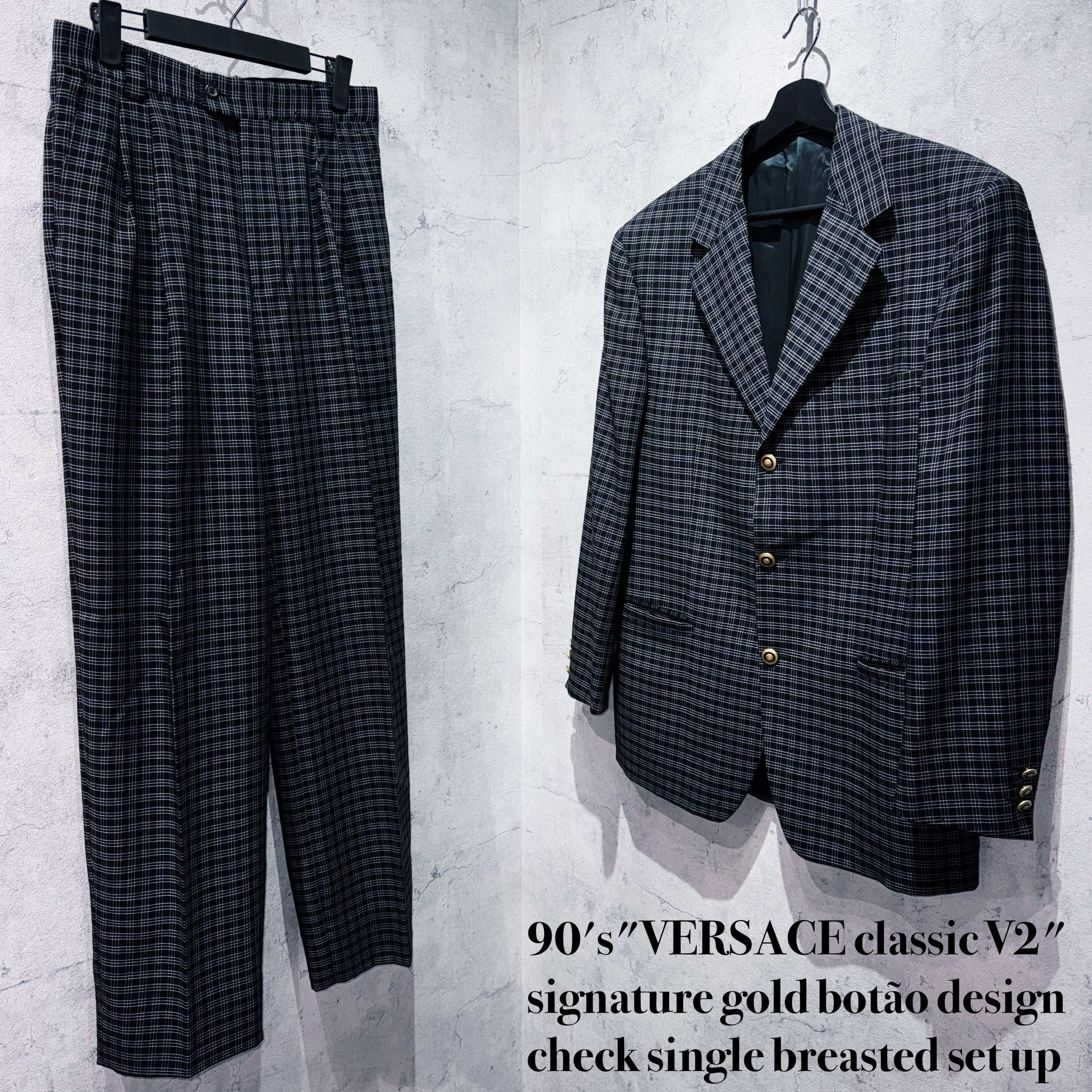 90's"VERSACE classic V2"signature gold botão design check single breasted set up