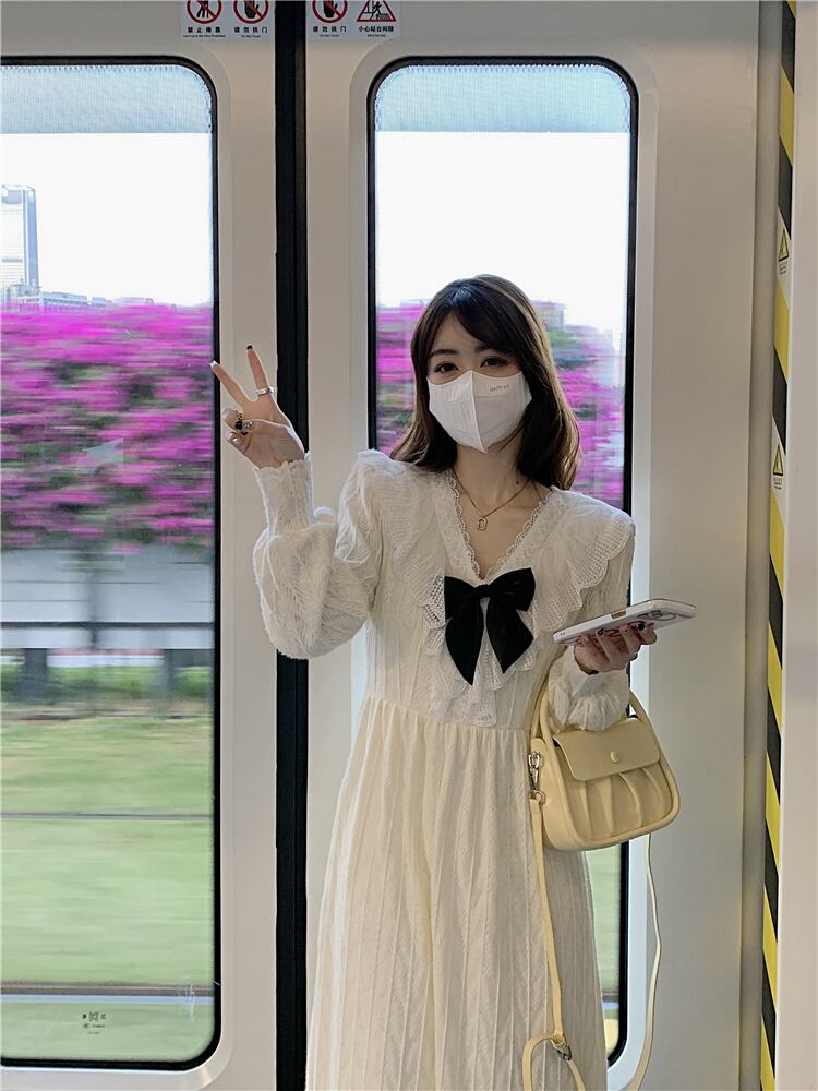 ロングワンピース レディース ワンピース ロング 長袖 リボン Vネック