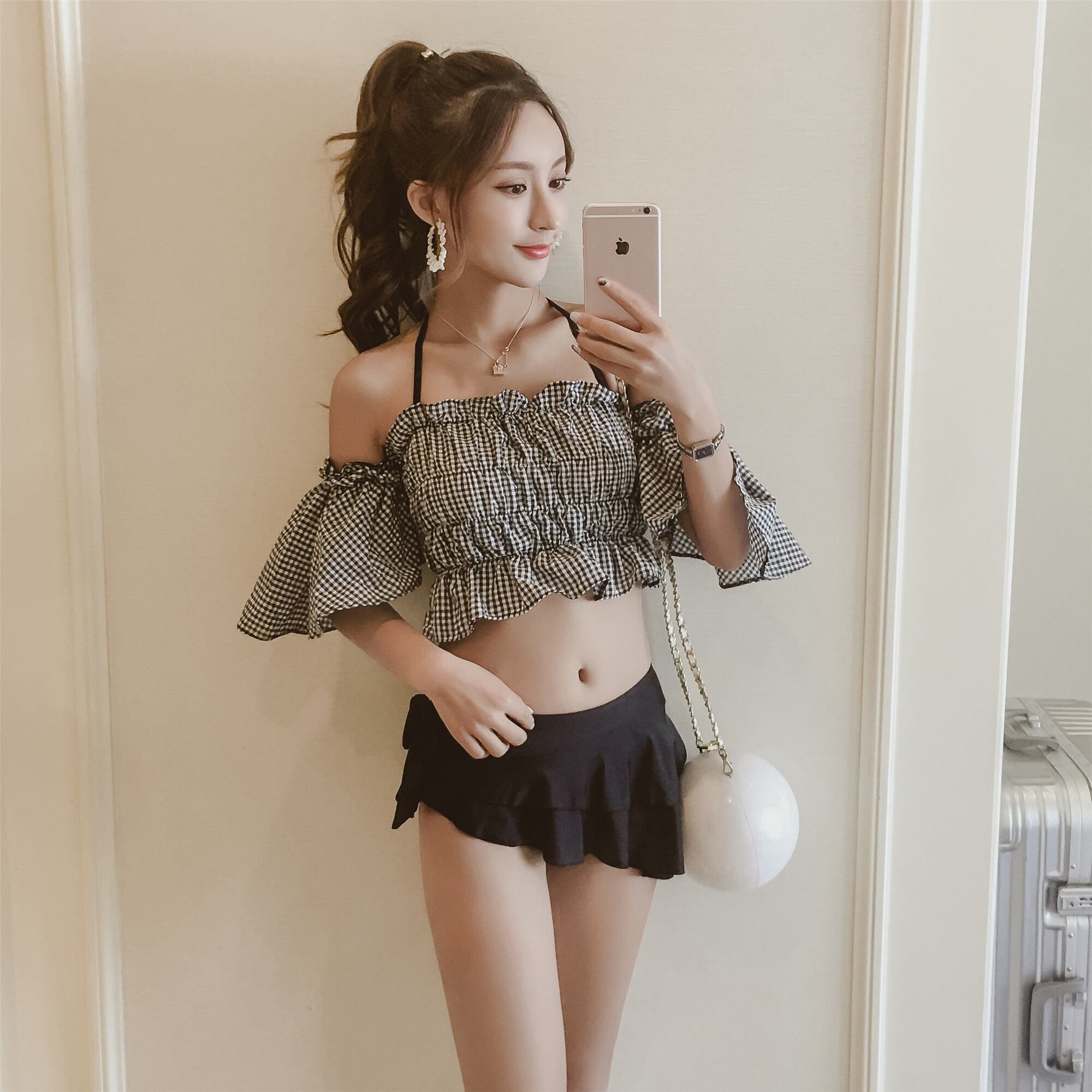 タンキニ 水着 オフショルダー チェック モノトーン モノクロ ガーリー 夏 セクシー 可愛い 大人可愛い レディース デート リゾート 清楚 ナチュラル T061 Hollysresort