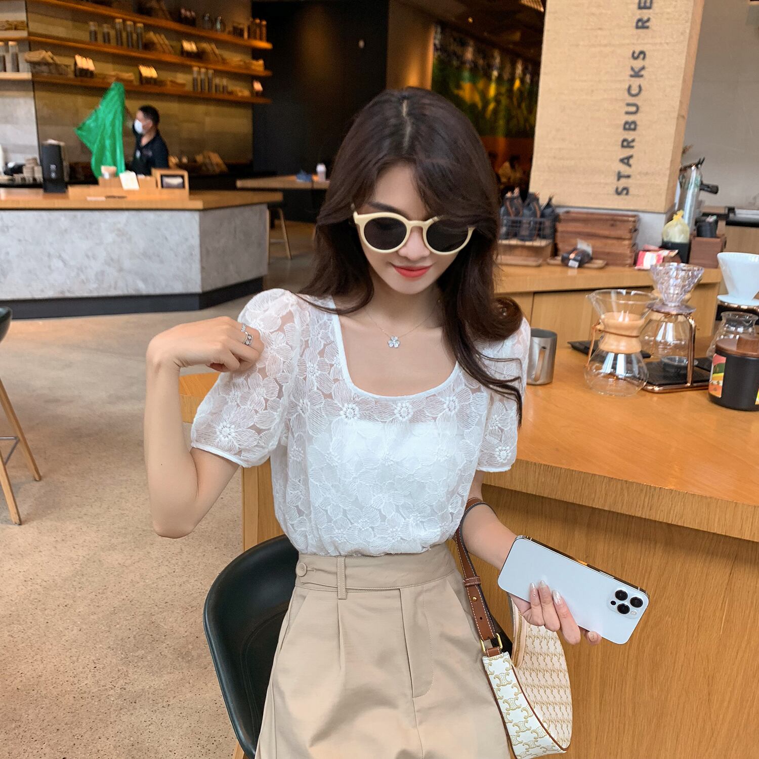 サマーレースシャツ ホワイトカラートップス 大人ガーリー スウィート キュート カジュアル 夏物 スクウェア 6Du_Shop_Women93388776861