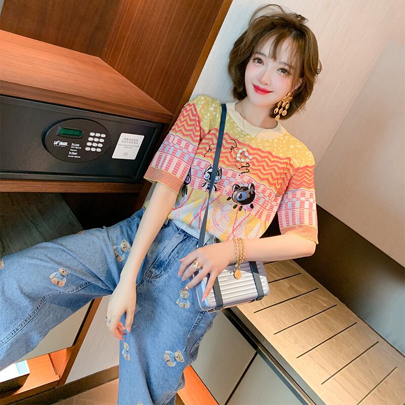 マルチカラージャカード刺繍ラウンドネックニットTシャツ トップス スプリングサマー 春物 夏物 Oネック MIUCO2148994849