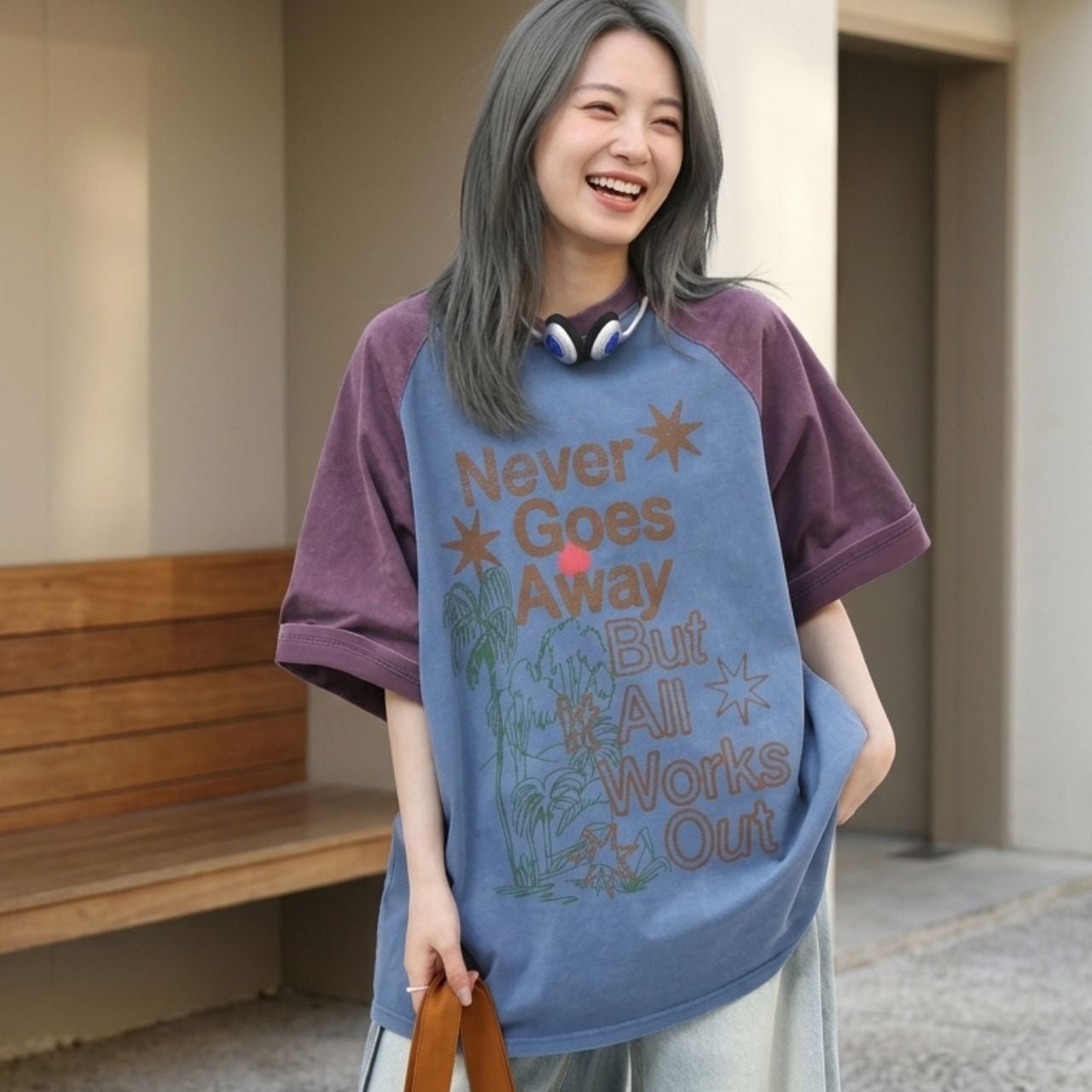 グラフィックプリントルーズフィットラグランスリーブTシャツ 2col R00147