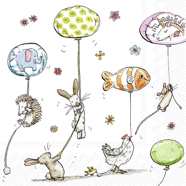 【IHR】バラ売り2枚 ランチサイズ ペーパーナプキン ANIMALS WITH BALLOONS ホワイト Anita Jeram