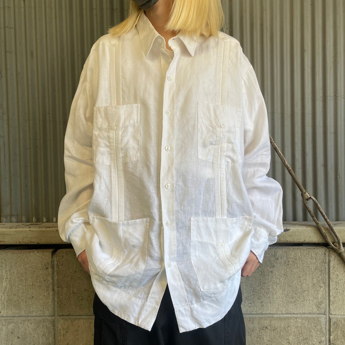PANABRISA corona リネン 長袖キューバシャツ メンズXL 古着 ホワイト 