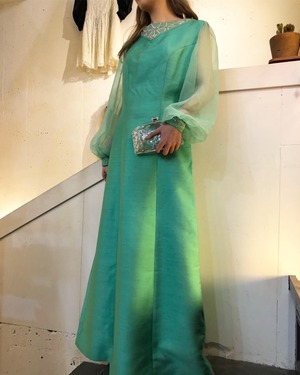 70's mint green organdy sleeve long dress beads embroidered