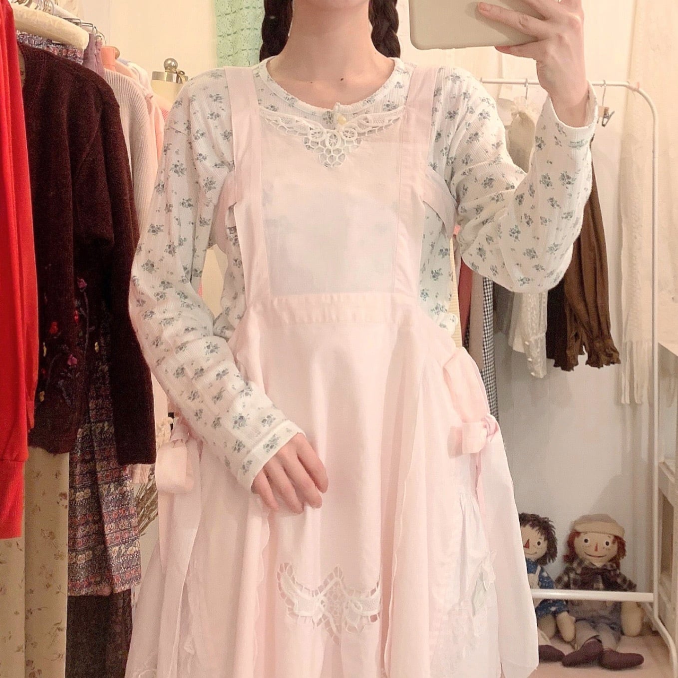 remake : sweet flower pink apron one-piece