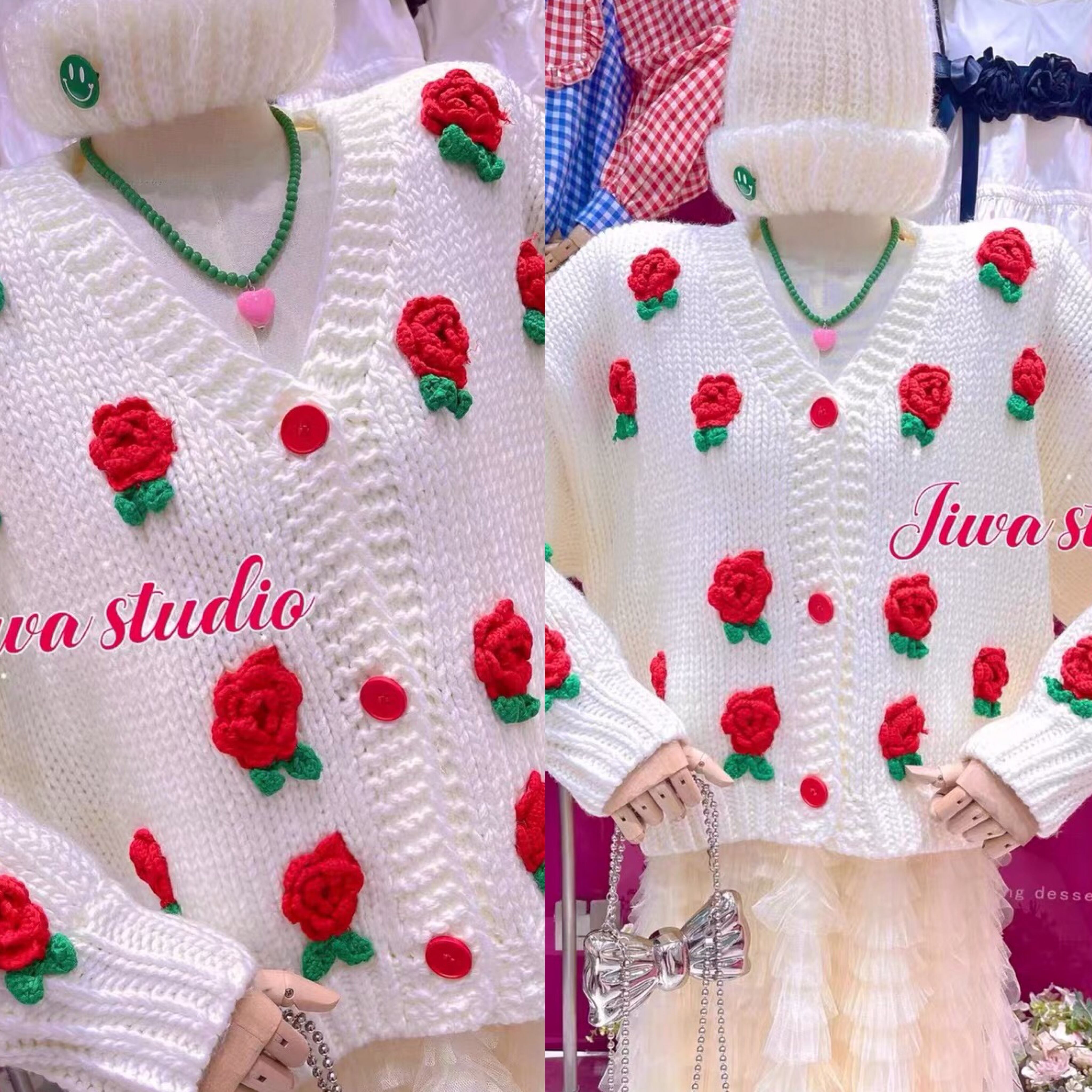 カーディガン 薔薇 ローズ 白 ニット セーター カジュアル ゆったり