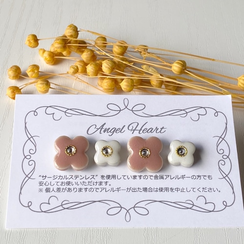 美濃焼きタイルピアス お花（ピンク＆ホワイト） 画像