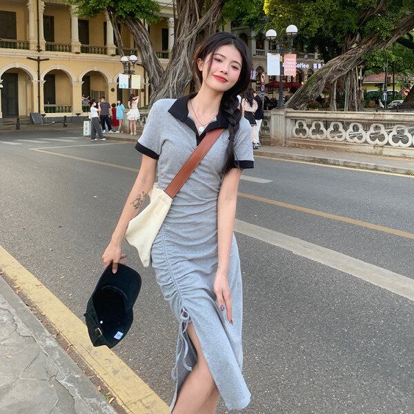 【新作】【送料無料】 純粋な欲望の熱い女の子のための夏の韓国スタイルのポロドレススリムフィットヒップスカート巾着年齢軽減スリットミッドレングススカート 0216121688492