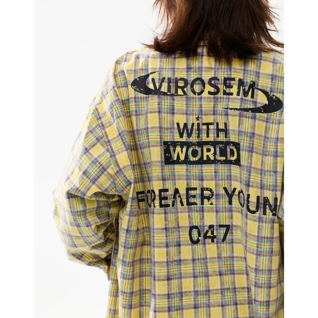 yellow checked lettering shirt　イエローチェック柄レタリングシャツ　J2110