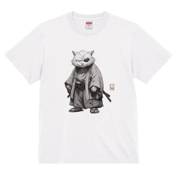 「無言の覚悟、隻眼の刺客猫」 Tシャツ 半袖