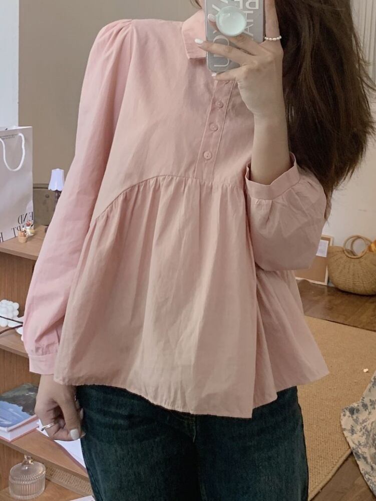 ふんわりシルエットでかわいさ全開 パフスリーブ ティアードブラウス 長袖 カジュアル 大きいサイズ 韓国 CH9598